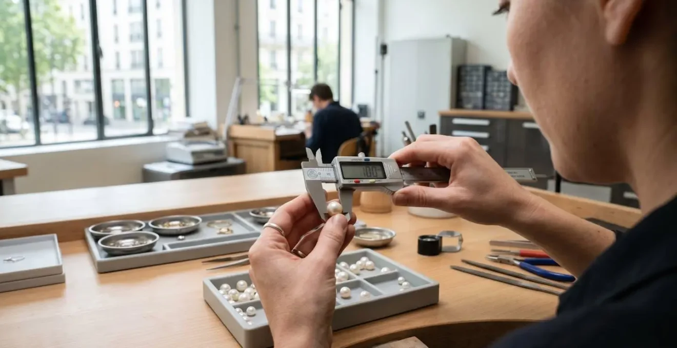 Vue par-dessus l'épaule d'un artisan bijoutier mesurant une perle avec un pied à coulisse digital dans un atelier lumineux contemporain