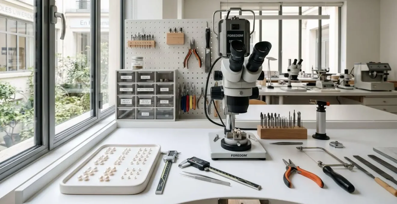 Plan large d'un établi de bijouterie contemporain avec foreuse de précision, loupe binoculaire et plateau de perles en cours de traitement sous lumière naturelle latérale