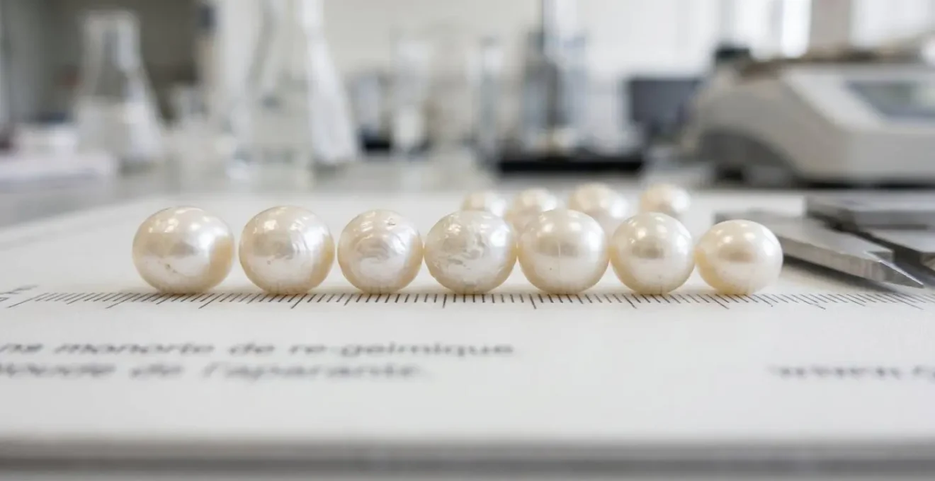 Gros plan macro sur plusieurs perles de culture nacrées alignées côte à côte, montrant les subtiles variations de diamètre et les reflets naturels de surface