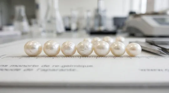 Gros plan macro sur plusieurs perles de culture nacrées alignées côte à côte, montrant les subtiles variations de diamètre et les reflets naturels de surface